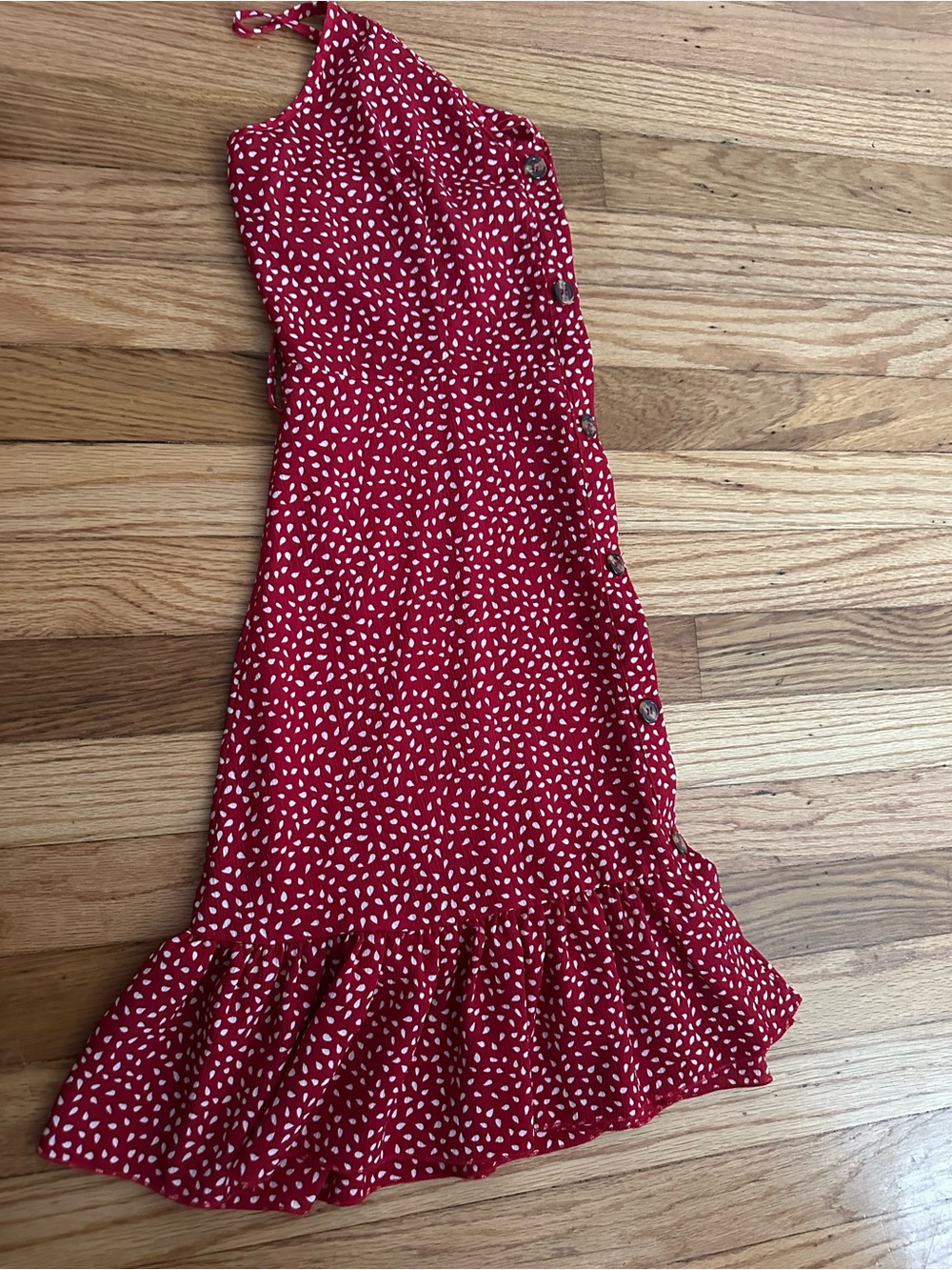 SHEIN Red One-Shoulder Printed Ruffle-Hem Dress